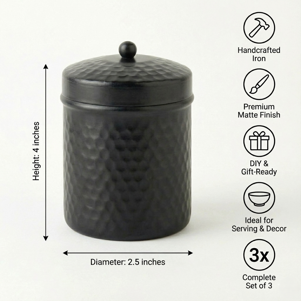 PreYog Matte Black Iron Jar Dimensions: 4-inch Height x 2.5-inch Diameter. Specs: Handcrafted, Matte Finish, Set of 3