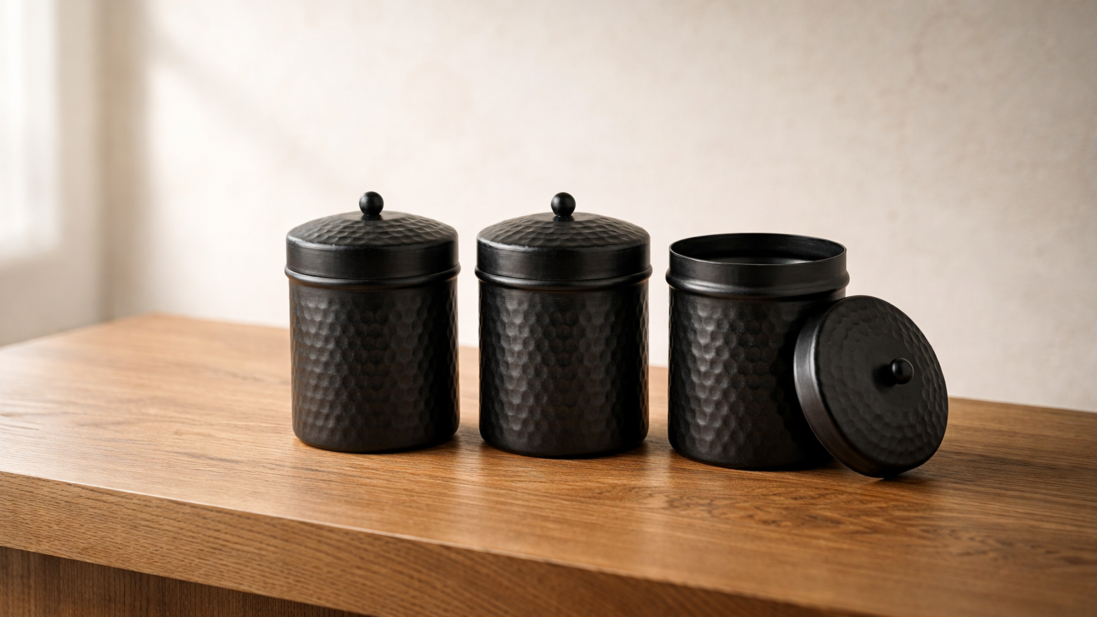 PreYog matte black iron jars set of 3 on a wooden table showing handcrafted hammered finish. Premium metal canisters for modern kitchen decor, serving, and luxury gifting.